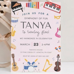 Plantilla editable de invitación para fiesta de música / Evento infantil de instrumentos musicales / Tema de canto, baile y juegos para niños / Invitación digital de Canva