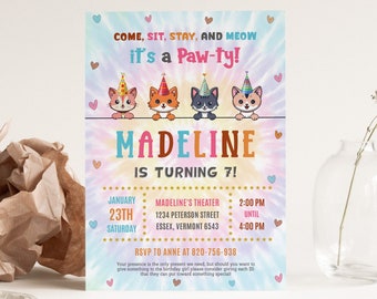 Bearbeitbare Katzen-Geburtstags-Einladung, Tie-Dye-Katze-Geburtstags-Einladung, Kätzchen-Geburtstags-Einladung, Pawty Cartoon einladen, Regenbogen Liebe einladen