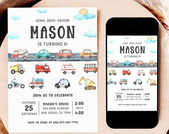 May include: A birthday invitation with the name "MASON" in large letters, featuring colorful illustrations of various vehicles. The invitation includes the text "HONK, BEEP, VROOM" and details for the party, including the date, time, and location.