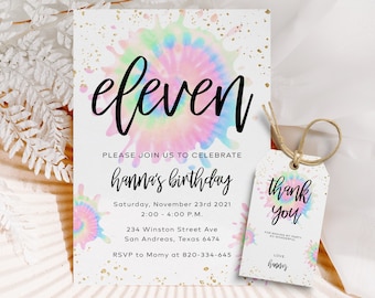 Tie-Dye Birthday Invitation Gold Invitation Rainbow Tie-Dye Invitation Colorful Rainbow Invitation Gold Glitter Sprinkles