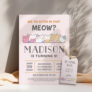 Editable Cat Birthday Invitation Colorful Kitten Party Invitation Cat Meow Birthday Party Kitten Pawty Invitation Pink Invitation Printable