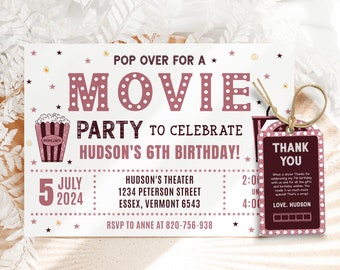 Rose Gold Movie Birthday Invitation Rose Cinema Invitation Pink Blush Movie Invitation Movie Ticket Invitation Popcorn Movie Invitation