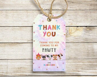 Dog Thank You Tag Template Tie Dye Birthday Favor Tag Dog Tie Dye Thank You Tag Puppy Birthday Favor Gift Tag Printable Cute Gift Favor Tag