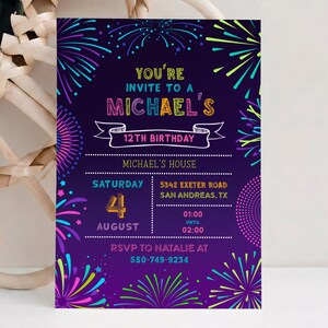 May include: A purple birthday invitation with colorful fireworks and text. The invitation reads "You're invited to Michael's 12th Birthday" with event details. Two sizes are included: 5x7 inches and 4x6 inches.