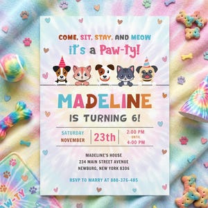 Celebrate your pup's big day with this Editable Dog Birthday Invitation Template! Featuring a fun puppy birthday design and vibrant tie dye colors, this Calling All Pawty invite is perfect for any dog lover. Includes a free matching thank you tag to complete your party set. Easily edit in your browser using Jettemplate—no design skills needed. Instantly download, print, or share digitally for a tail-wagging good time!