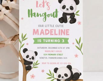 Editable Panda Birthday Party Invitation, Cute Pandamonium Theme Invite, Printable Digital Template And Free Thank You Tag