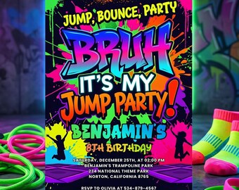 Editable Trampoline Jump Park Party Invite, Teen Parkour Jump Theme, Lets Jump Indoor Park Evite, Playground Bounce Party Invitation