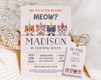 Editable Cat Birthday Invitation Kitty Birthday Invitation Cat Meow Themed Birthday Invitation Cute Animal Invite Cute Kitten Thank You Tag