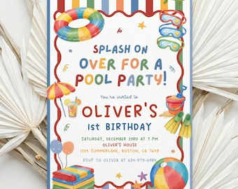 Editable Summer Birthday Invitation, Simple Colorful Party Invite, Bright Cheerful Water Splash Birthday Canva Invite, Digital Download