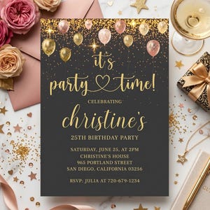 Bearbeitbare Luxus Schwarz Gold Ballon Geburtstagseinladung für Erwachsene, Glam Elegant Night Party Evite, printable Digital Download