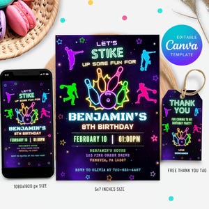 Neon Bowling Birthday Invitation Bowling Party Invitation Sport Birthday Invite Neon Rainbow Glow in the Dark Invitation Thank You Tag