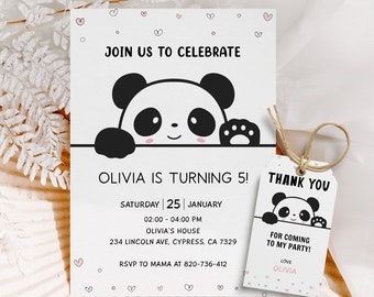 May include: A panda bear birthday party invitation with a black and white panda peeking over the top of the card. The invitation includes the text "Join us to celebrate Olivia is turning 5!" and details for the party. A thank you tag with a panda bear is included with the text "Thank you for coming to my party! Love Olivia."