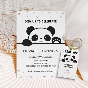 May include: A panda bear birthday party invitation with a black and white panda peeking over the top of the card. The invitation includes the text "Join us to celebrate Olivia is turning 5!" and details for the party. A thank you tag with a panda bear is included with the text "Thank you for coming to my party! Love Olivia."