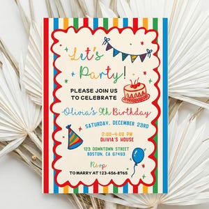 May include: A colorful birthday party invitation with the text "Let's Party!" and "Olivia's 9th Birthday." The invitation includes a cake, party hat, and balloon illustrations. The date and time are also included.
