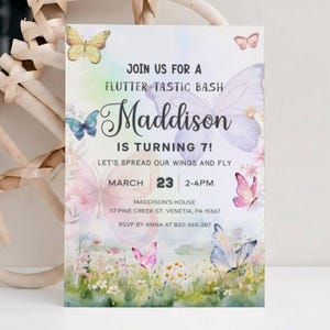 Editable Butterfly Birthday Invitation Template, Flutter By 1st Party Invite for Girls, Spring Floral Evite Digital Download Canva