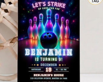 Neon Bowling Party Invitation Template | Editable Digital Download | Glow Birthday Invite | Instant Download Printable