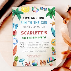 Modèle modifiable d'invitation d'anniversaire de plage de surf d'été - invitation imprimable de fête de vacances amusante pour des enfants et des adultes - téléchargement numérique