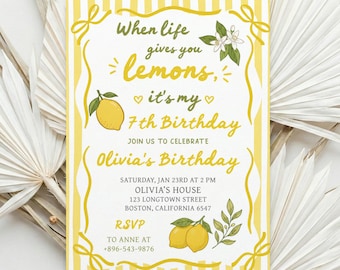 Editable Lemon Citrus Party Invitation Template, Fresh Greenery Birthday Invite, Summer Fruit Evite, Printable Digital Download for Canva