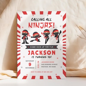 Modèle d'invitation d'anniversaire ninja modifiable, invitation d'arts martiaux, guerrier ninja, invitation à une fête d'anniversaire pour enfants ninja, imprimable