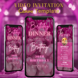 Animated Birthday Dinner Invitation: Pink Glam Party Evite (Canva Template Digital Download