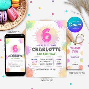 Editable Painting Splatter Birthday Invitation Template Canva Invitation Template Paint Art Invite Rainbow Splash Party Thank You Tag
