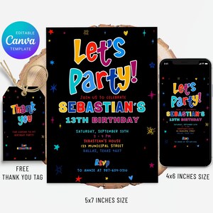 Simple Colorful Birthday Invite, Cheerful Rainbow Party Invite, Editable Canva Invite, Thank You Tag, Twinkle Spark Star invitation