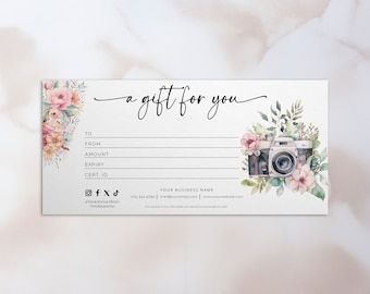 Photography Gift Certificate Template Pink Flower Gift Voucher Elegant Gift Card Template Gold Floral Gift Certificate Template EDITABLE