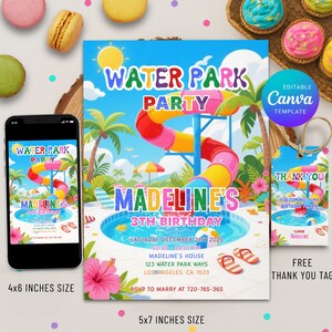 Water Park Birthday Invitation: Waterslide Pool Party, Editable Canva Template (Digital Download)