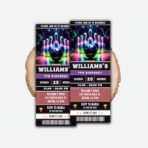 Neon Bowling Birthday Ticket Invitation Template (Digital Download)