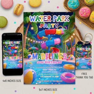 Water Park Birthday Invitation: Editable Waterslide Pool Party, Thank You Tag (Digital Download)