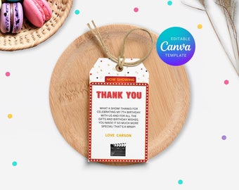 Movie Birthday Thank You Tag: Cinema Party Favor (Editable Canva Template)