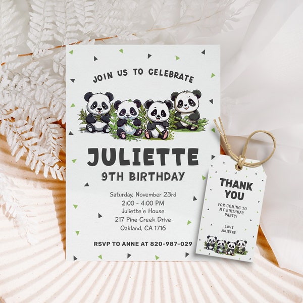 Editable Cute Panda Birthday Invitation Panda Birthday Theme Panda Birthday Invite Panda Invitation Baby Panda Thank You Tag Cake Topper