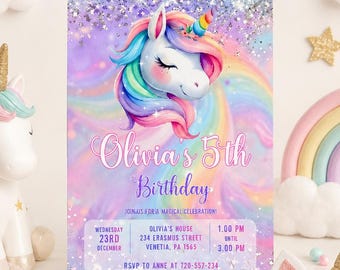 Editable Pastel Unicorn Birthday Invitation, Magical Rainbow Princess Party Invite, Whimsical Fairytale Canva Invitation, Printable
