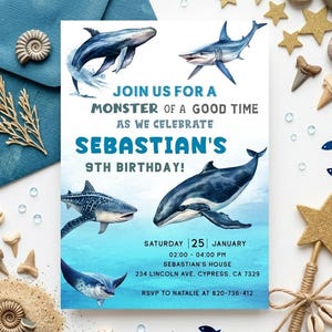 Make waves with this Whale Shark Birthday Invitation. Perfect for an undersea nautical party with ocean-inspired vibes. This editable Jettemplate invitation lets you easily personalize the name, age, date, time, and location in minutes. Instantly download and share digitally or print at home. A fun, unique, and ocean-themed invitation that brings deep-sea adventure to your birthday celebration!