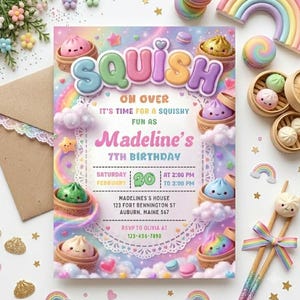 Faire-part d'anniversaire modifiable petite boulette de boulette, invitation de fête spongieuse pour enfants kawaii mignons, modèle numérique de fête de jouets, étiquette de remerciement gratuite