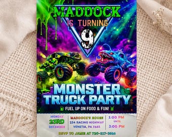 Editable Monster Truck Party Invitation, Hot Racing Birthday Invite, Kids Any Age Evite With Free Thank You Tag, Printable Digital Download