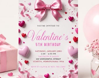 Editable Pink Bow Coquette Birthday Invitation Template | Canva Printable Digital Download | Girl Ribbon Theme Party Evite + Thank You Tag