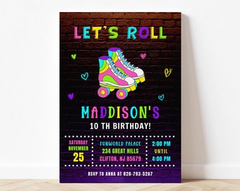 Roller Skating Birthday Invitation Roller Skate Invitation Party Neon Birthday Invite Neon Birthday Party Skate Party Neon Party Invitation