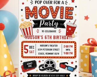 Editable Movie Birthday Invitation, Cinema Watch Party Invite, Watch Party Invitation, Backyard Movie Invite, BBQ Party Invitation