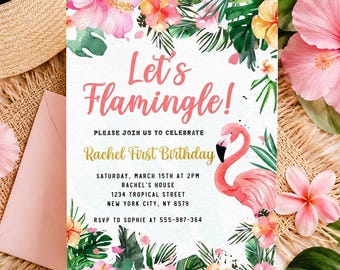 Editable Flamingo Birthday Invitation Template, Tropical Summer Party Invite, Pink Flamingo Birthday Evite, Printable Digital Download