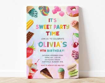 Sweet Birthday Party Invitation Two Sweet Birthday Party Donut Birthday Invite Rainbow Invitation Cake Birthday Invite Candy Birthday Invite