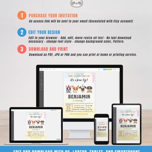 Pu&ograve; includere: Un mockup digitale che mostra come modificare e scaricare un invito di compleanno a tema cani su un computer, un tablet e uno smartphone. L'invito presenta un design colorato con cani dei cartoni animati e il testo "Come, Sit, Stay, and Play, it's a paw-ty!" e "Benjamin compie 7 anni!"