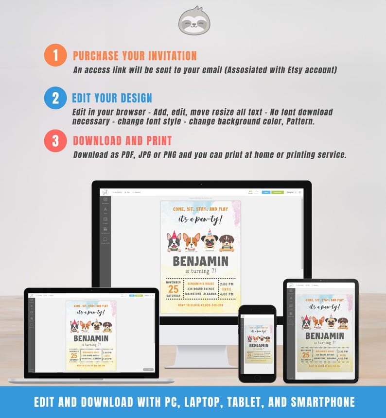 Pu&ograve; includere: Un mockup digitale che mostra come modificare e scaricare un invito di compleanno a tema cani su un computer, un tablet e uno smartphone. L'invito presenta un design colorato con cani dei cartoni animati e il testo "Come, Sit, Stay, and Play, it's a paw-ty!" e "Benjamin compie 7 anni!"