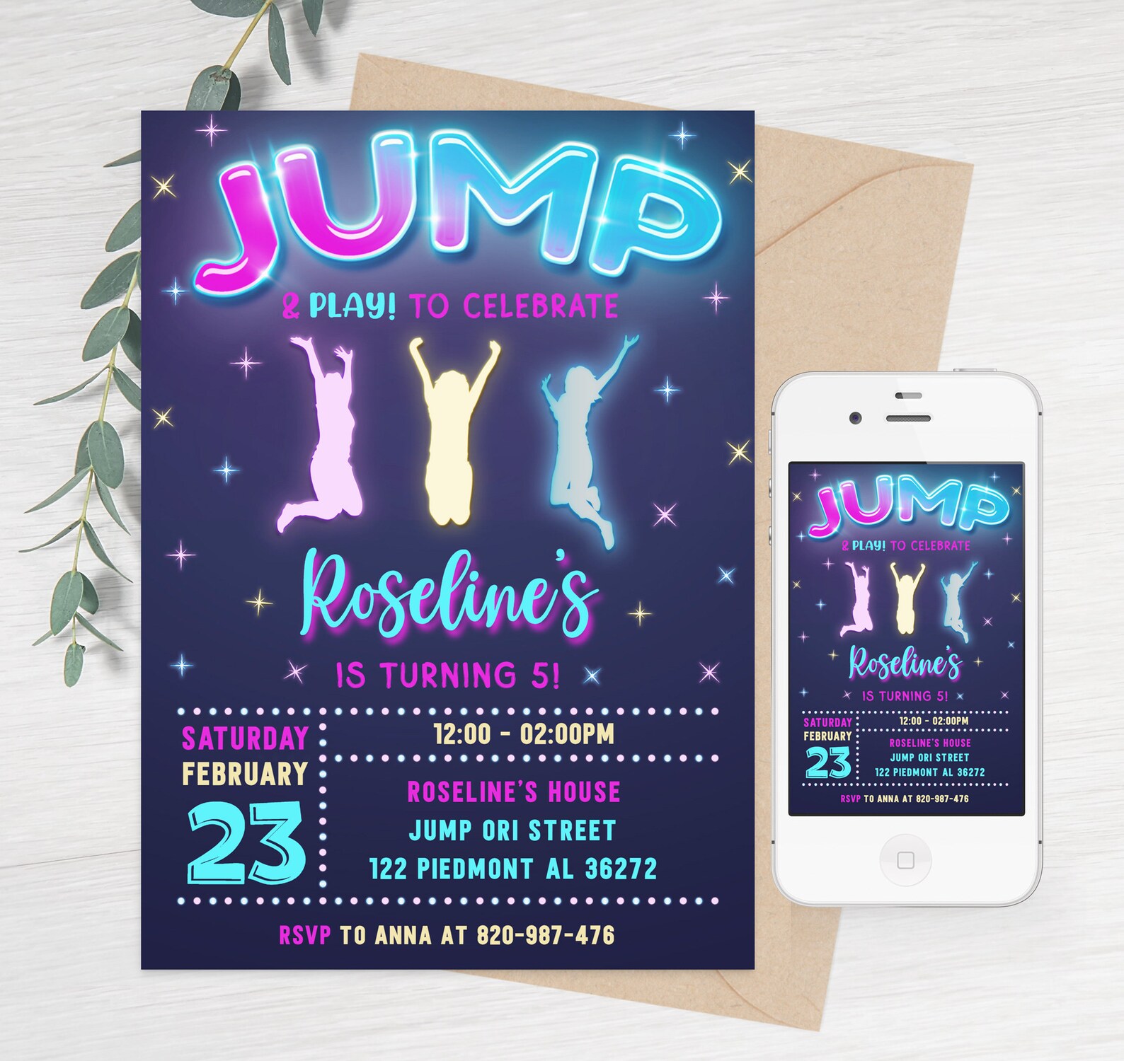 Jump Birthday Invitation Neon Jumping Birthday Party - Etsy