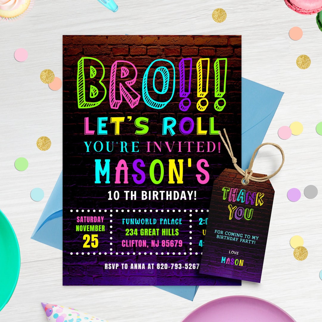 Editable Neon Birthday Invitation Template Let's Roll Invitation Party ...