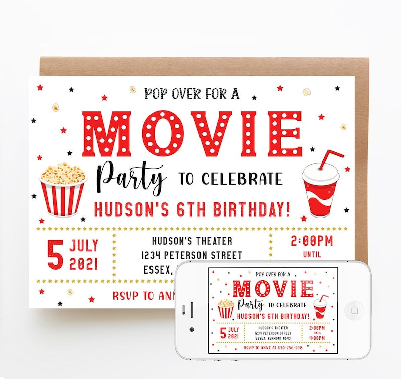 Movie Birthday Invitation Cinema Birthday Invitation Pop on over Birthday Invitation Movie Ticket Invitation Text Message Invitation image 3