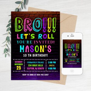 Editable Neon Birthday Invitation Template Let's Roll Invitation Party ...