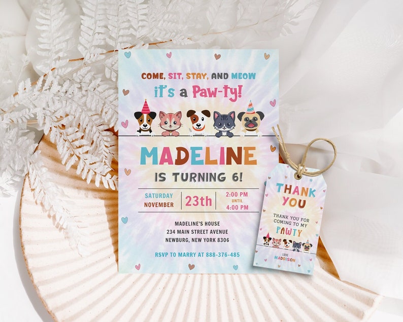 Celebrate your pup's big day with this Editable Dog Birthday Invitation Template! Featuring a fun puppy birthday design and vibrant tie dye colors, this Calling All Pawty invite is perfect for any dog lover. Includes a free matching thank you tag to complete your party set. Easily edit in your browser using Jettemplate—no design skills needed. Instantly download, print, or share digitally for a tail-wagging good time!