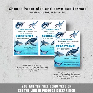 May include: Invitations for a 9th birthday party with a watercolor whale and shark theme. The invitation reads "Join us for a monster of a good time as we celebrate Sebastian's 9th birthday!" Includes event details and download options.