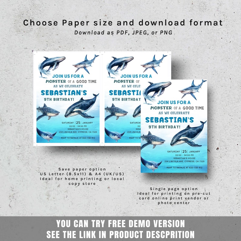 May include: Invitations for a 9th birthday party with a watercolor whale and shark theme. The invitation reads "Join us for a monster of a good time as we celebrate Sebastian's 9th birthday!" Includes event details and download options.